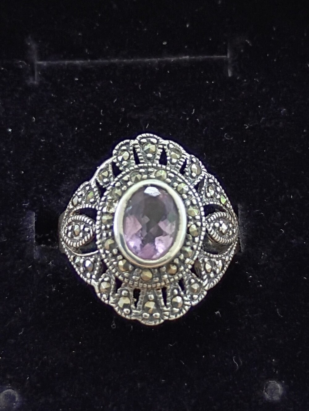 Vtg Rare Filigree Deco Ring Oval Amethyst Marcasite Sz 8 925 5gm Exc Cond Must C